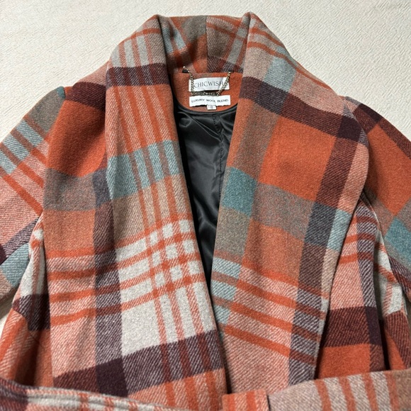 Chicwish Wool Blend Orange Teal Brown Plaid Wrap Coat S - Picture 6 of 8